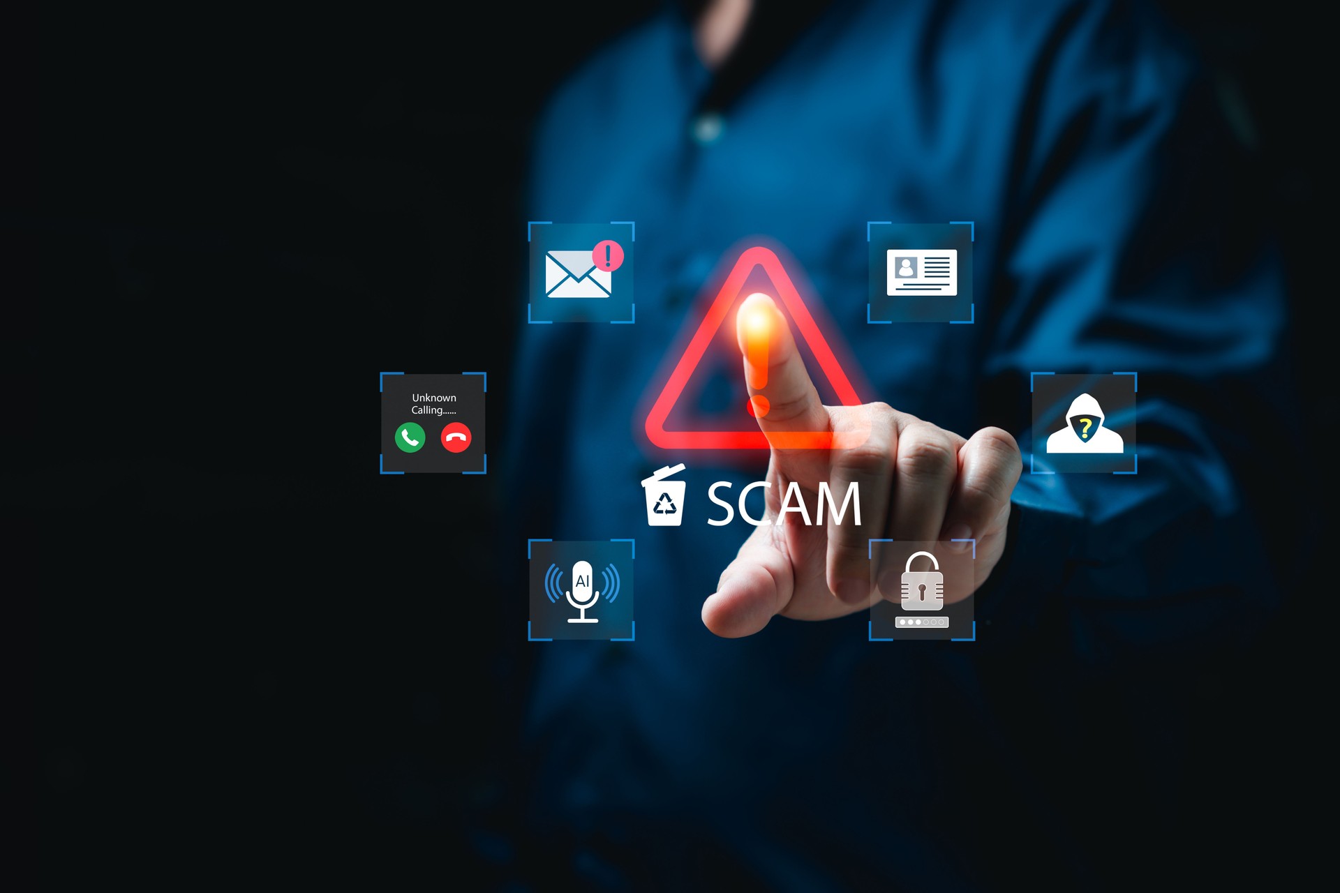 Scam Protection concept, Hacker, Fraudulent online, Scammers, Businessmen delete scams to prevent Theft, reduce risk, Personal Data, AI calls, Email, credit card, Personal ID, SMS Fake, Internet link